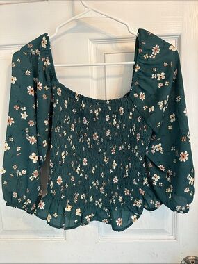 Paper Crane Teal Floral Smocked Square-Neck Blouse